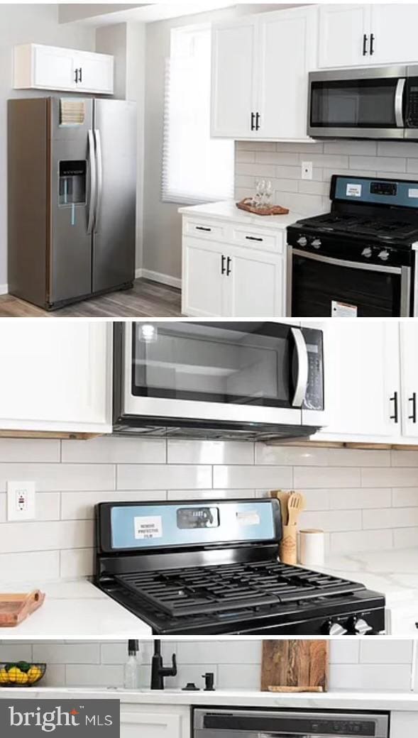 kitchen with decorative backsplash, light stone counters, white cabinetry, and appliances with stainless steel finishes