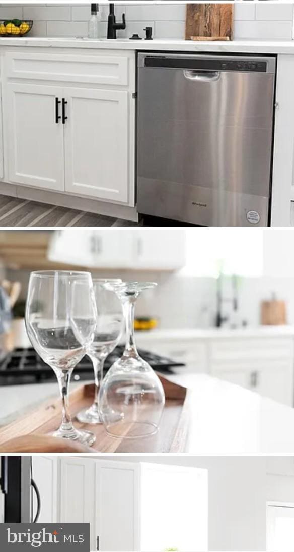 details with stainless steel dishwasher and white cabinetry