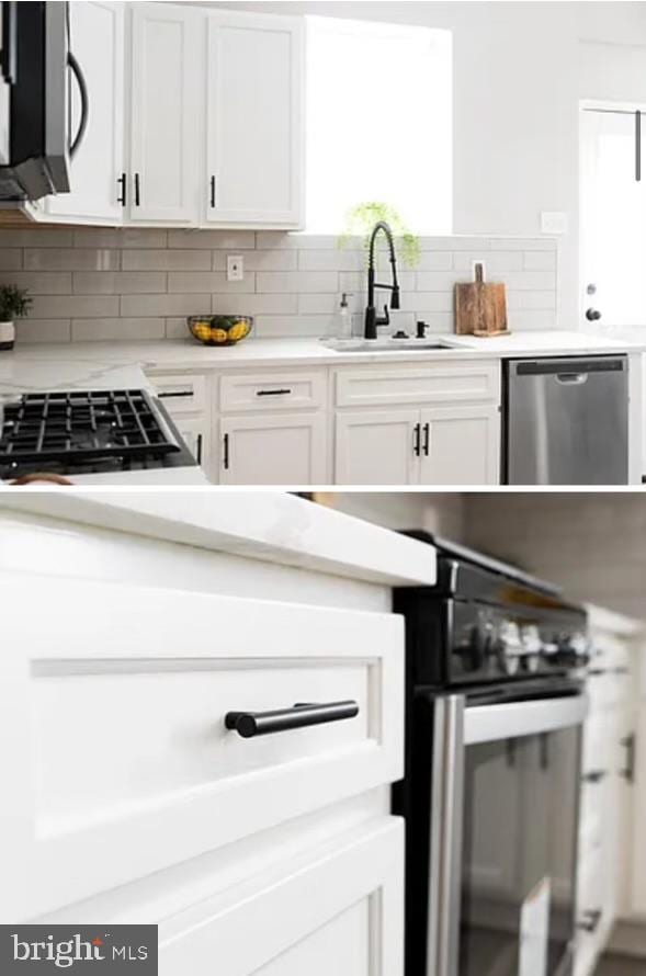 kitchen featuring stainless steel dishwasher, backsplash, white cabinetry, and sink