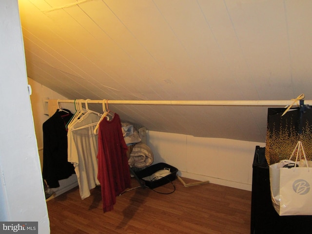 spacious closet featuring dark hardwood / wood-style floors and lofted ceiling