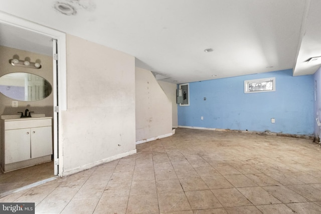 unfurnished living room with electric panel and sink