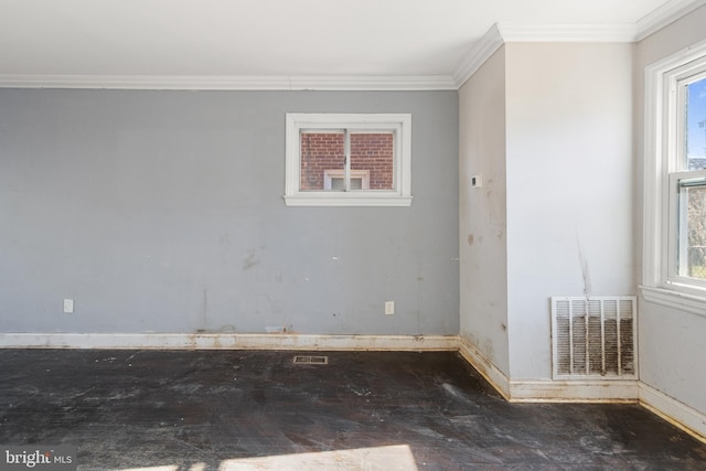 spare room featuring a wealth of natural light and crown molding