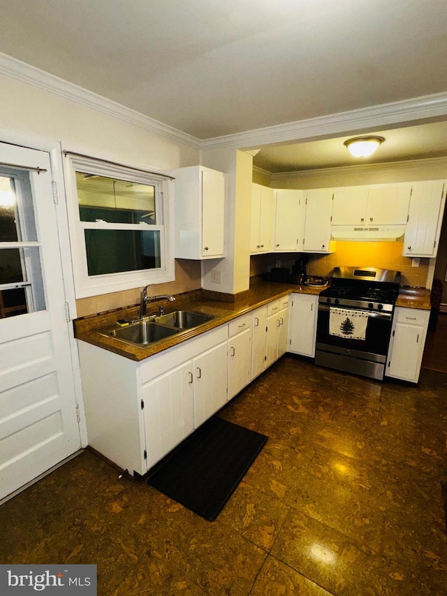 kitchen featuring white cabinetry, sink, ornamental molding, and stainless steel range with gas stovetop