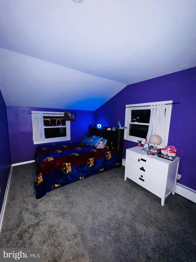 carpeted bedroom featuring vaulted ceiling