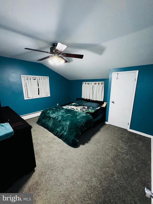 bedroom featuring ceiling fan, carpet, a baseboard radiator, and lofted ceiling