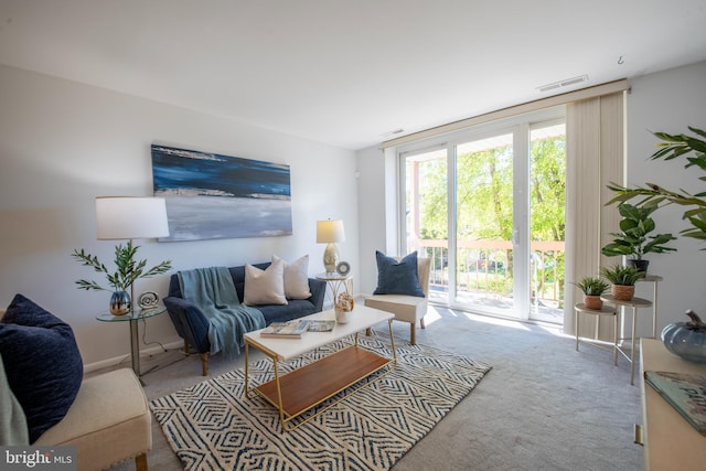 carpeted living room featuring a wall of windows