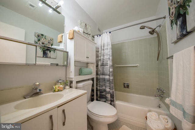 full bathroom with vanity, toilet, and shower / bathtub combination with curtain