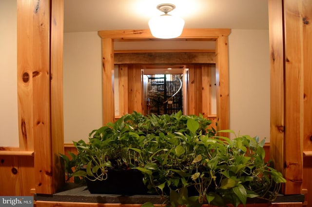 interior space featuring wooden walls