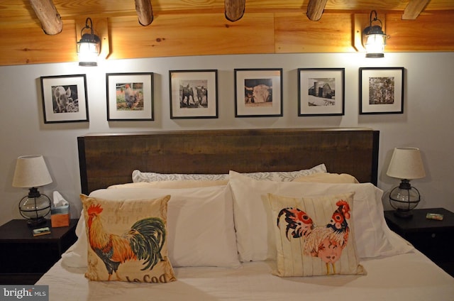 bedroom with wood ceiling