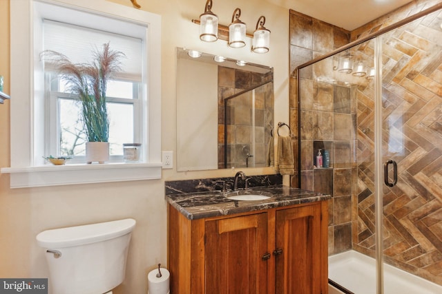 bathroom with vanity, toilet, and walk in shower