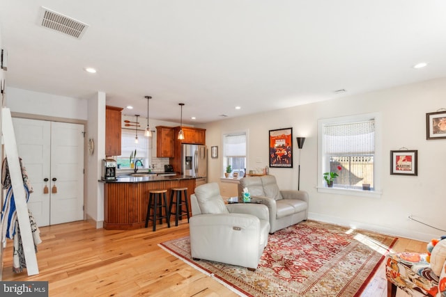 living room with a healthy amount of sunlight and light hardwood / wood-style flooring