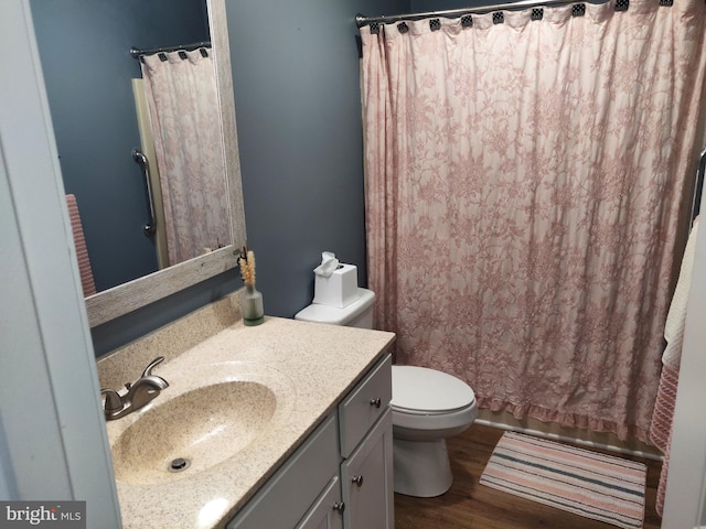 bathroom featuring hardwood / wood-style flooring, vanity, and toilet