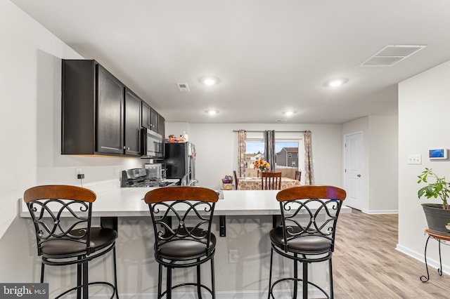 kitchen with a kitchen breakfast bar, light hardwood / wood-style floors, kitchen peninsula, and stainless steel appliances