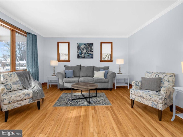 living room with light wood-type flooring, a wealth of natural light, and crown molding