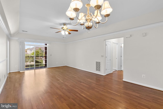 unfurnished room featuring wood finished floors, visible vents, crown molding, baseboards, and ceiling fan with notable chandelier