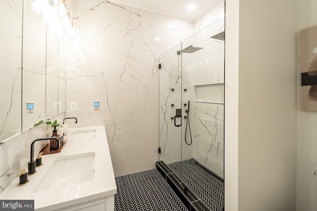 bathroom featuring vanity and walk in shower