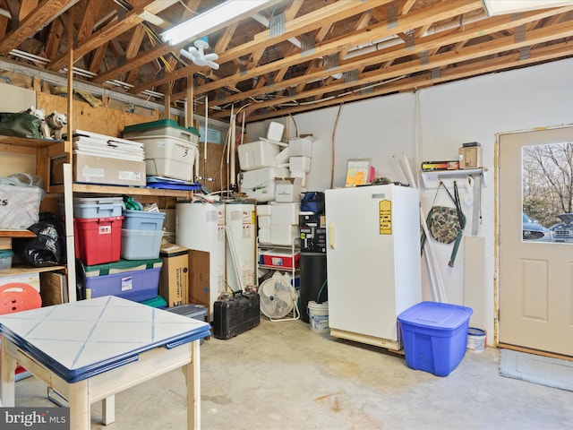 basement with white fridge