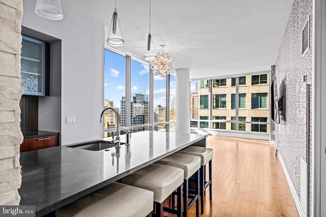 kitchen with decorative light fixtures, plenty of natural light, floor to ceiling windows, and sink