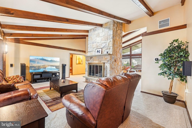 living room featuring beam ceiling, a stone fireplace, light carpet, and high vaulted ceiling