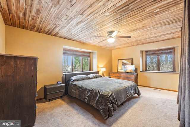 bedroom featuring ceiling fan, light colored carpet, and wooden ceiling