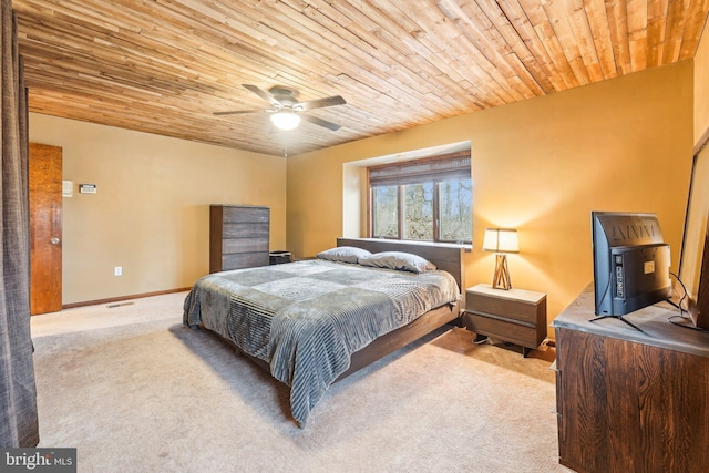 carpeted bedroom with ceiling fan and wooden ceiling