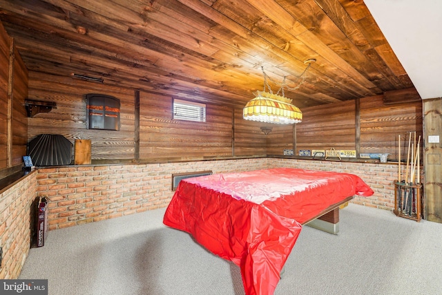 playroom with brick wall, wooden walls, carpet, wood ceiling, and pool table