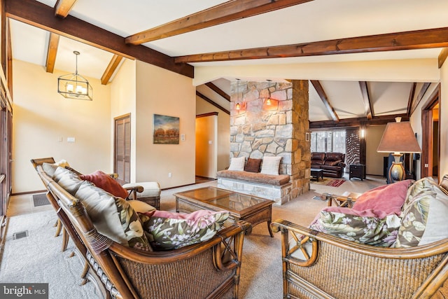 living room featuring carpet flooring, vaulted ceiling with beams, and a notable chandelier