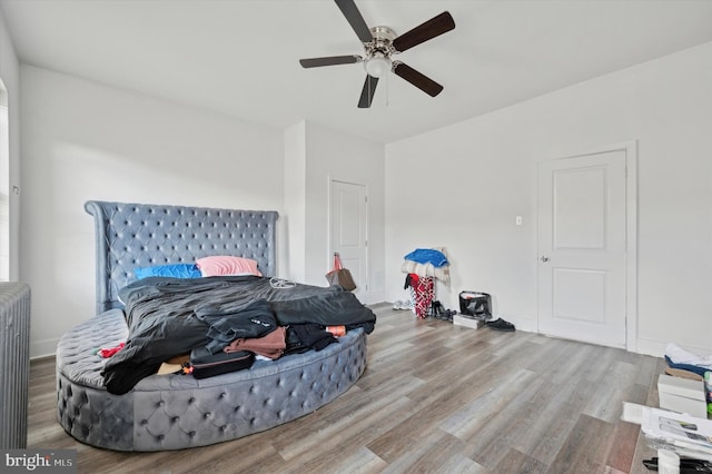 bedroom featuring ceiling fan, radiator heating unit, and light wood-type flooring