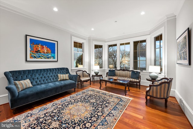 living room featuring crown molding and hardwood / wood-style floors