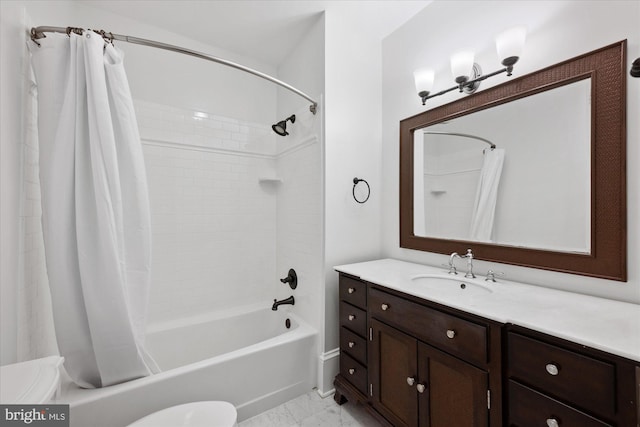 full bathroom featuring shower / bath combination with curtain, vanity, and toilet