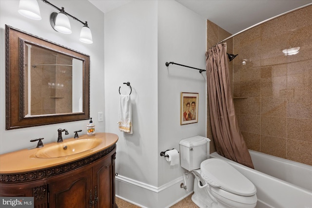 full bathroom featuring vanity, shower / bath combination with curtain, and toilet