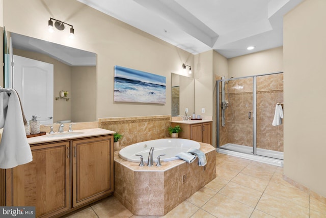 1915 Towne Centre Blvd Unit 502, Annapolis, MD 21401 - full bathroom with a garden tub, a stall shower, vanity, tile patterned floors, and recessed lighting