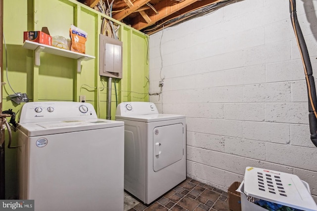 laundry room with electric panel and washer and clothes dryer