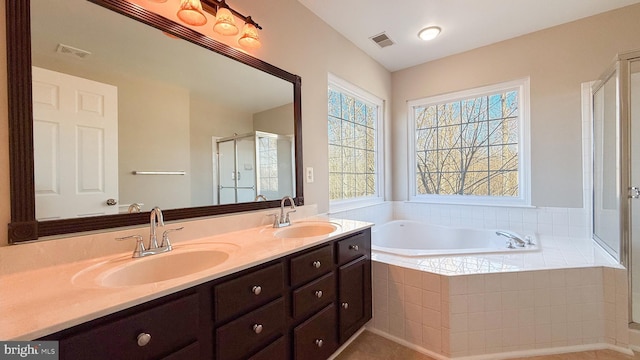 bathroom with separate shower and tub and vanity