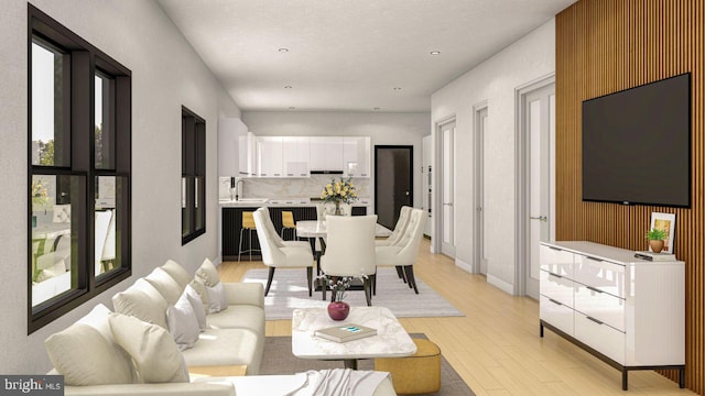 living room featuring sink and light hardwood / wood-style floors