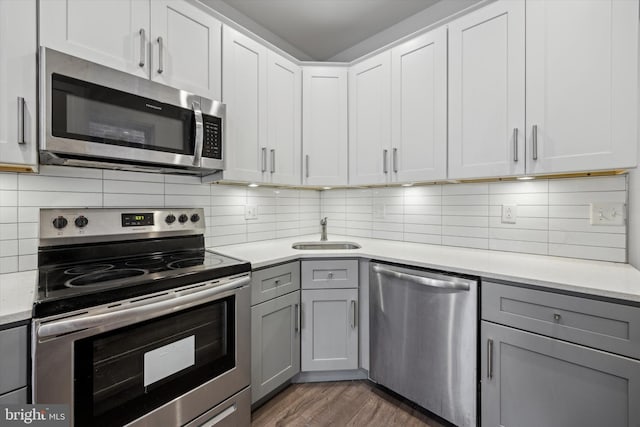 kitchen with backsplash, gray cabinets, sink, and stainless steel appliances