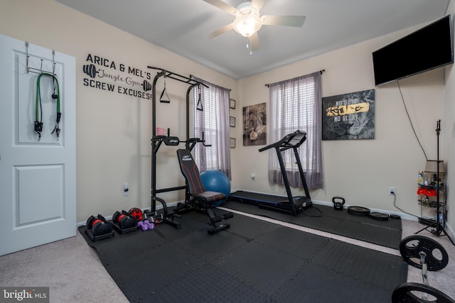 workout area featuring carpet flooring and ceiling fan