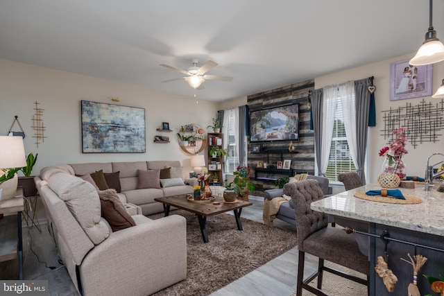 living room with ceiling fan and hardwood / wood-style floors