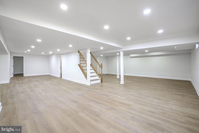 basement with light wood-type flooring