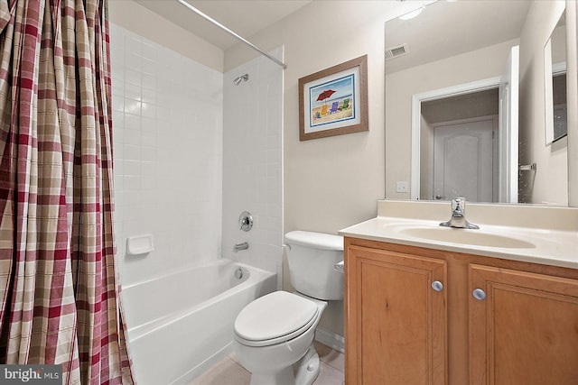 full bathroom with shower / bath combo, vanity, toilet, and tile patterned floors