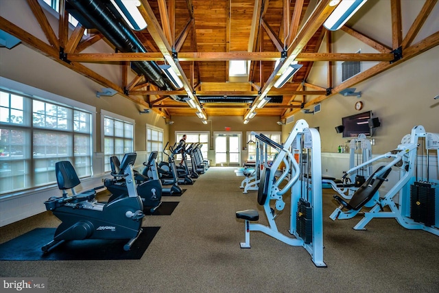 gym with carpet floors and high vaulted ceiling