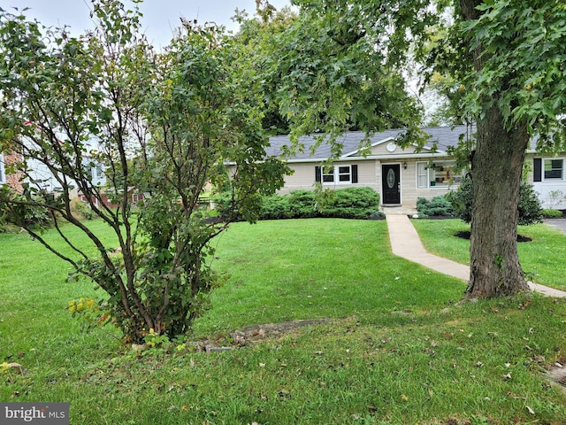 single story home with a front lawn