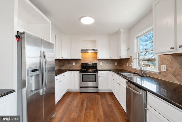 kitchen with white cabinets, dark hardwood / wood-style floors, sink, and appliances with stainless steel finishes