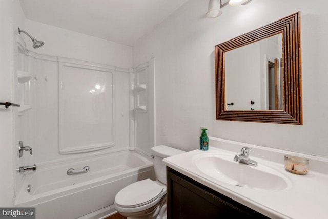 full bathroom with vanity,  shower combination, and toilet