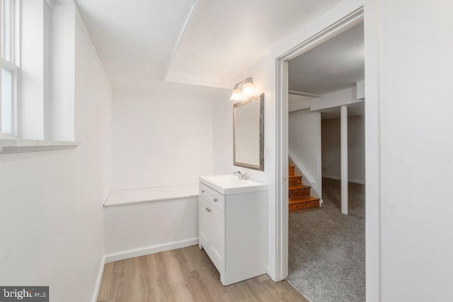 bathroom with vanity and wood-type flooring