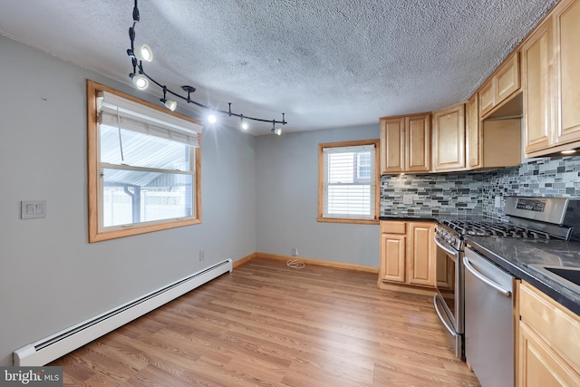 kitchen featuring light hardwood / wood-style flooring, dishwasher, a baseboard heating unit, light brown cabinetry, and tasteful backsplash