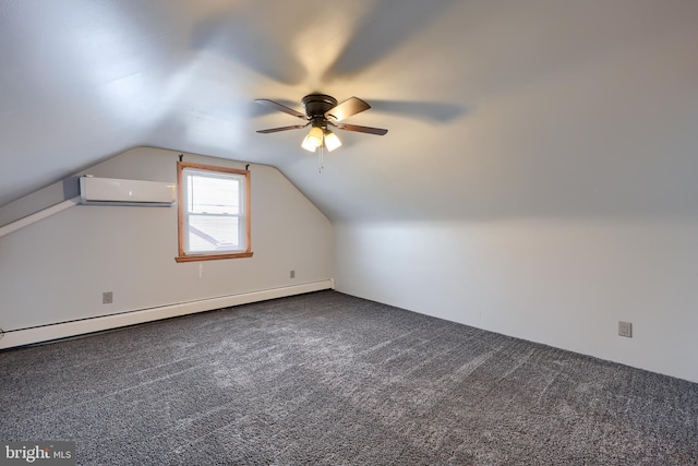 bonus room featuring baseboard heating, lofted ceiling, carpet flooring, and a wall unit AC