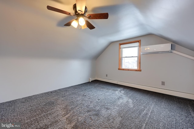 additional living space featuring vaulted ceiling, a baseboard heating unit, carpet, ceiling fan, and a wall mounted AC