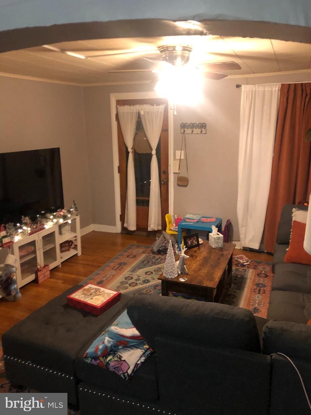 living room featuring ceiling fan, crown molding, and wood-type flooring