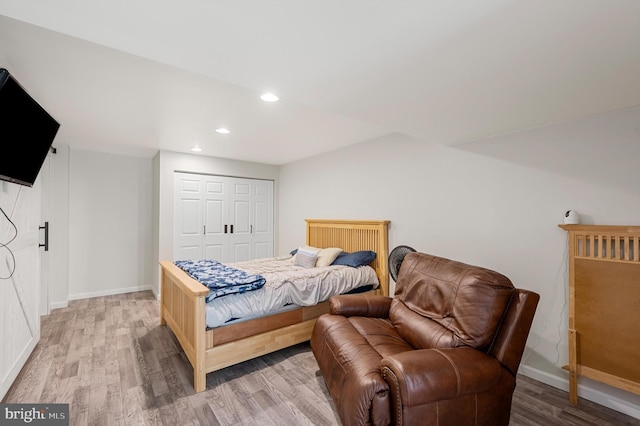 bedroom with wood-type flooring and a closet